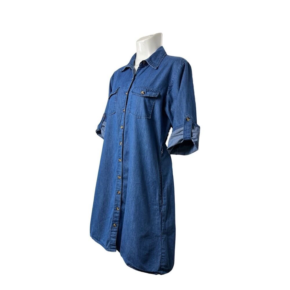 Speed Limit MPH Women M Dress Button Down Blue Denim Roll Tab Sleeve Pockets